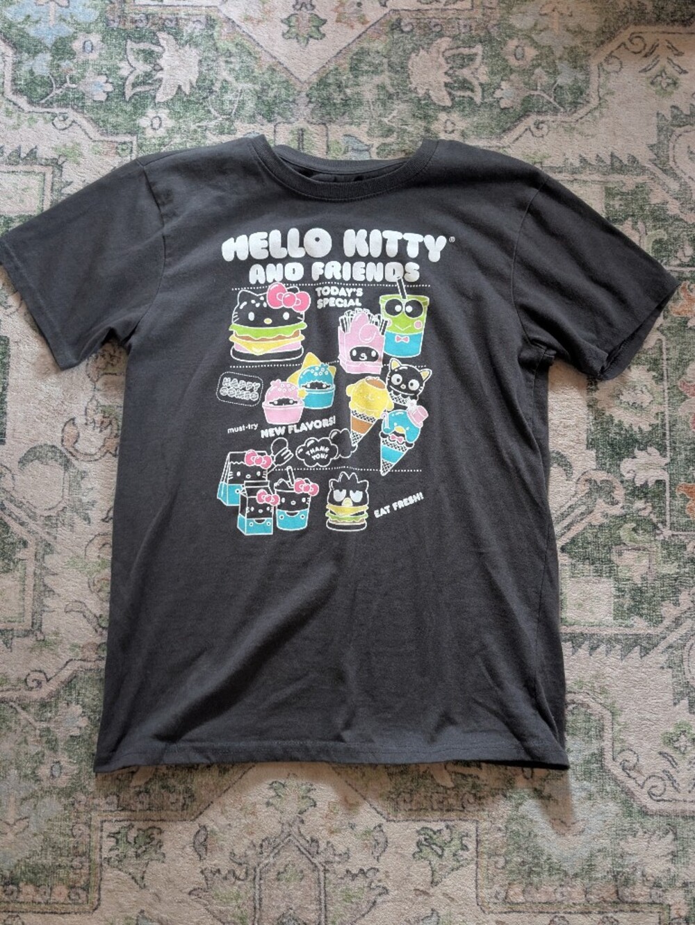 Hello Kitty Black Short Sleeve Tee with Pastel Snack Characters